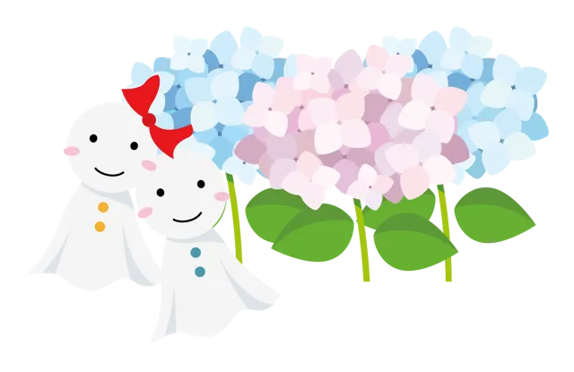 てるてる坊主と紫陽花 イラスト | 梅雨・６月 | 無料・商用利用可 | RASEAC-013-01-C | 無料素材ペペロ