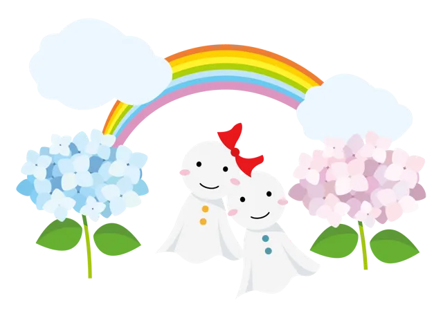 虹とてるてる坊主 イラスト | 梅雨・６月 | 無料・商用利用可 | RASEAC-015-01-C | 無料素材ペペロ